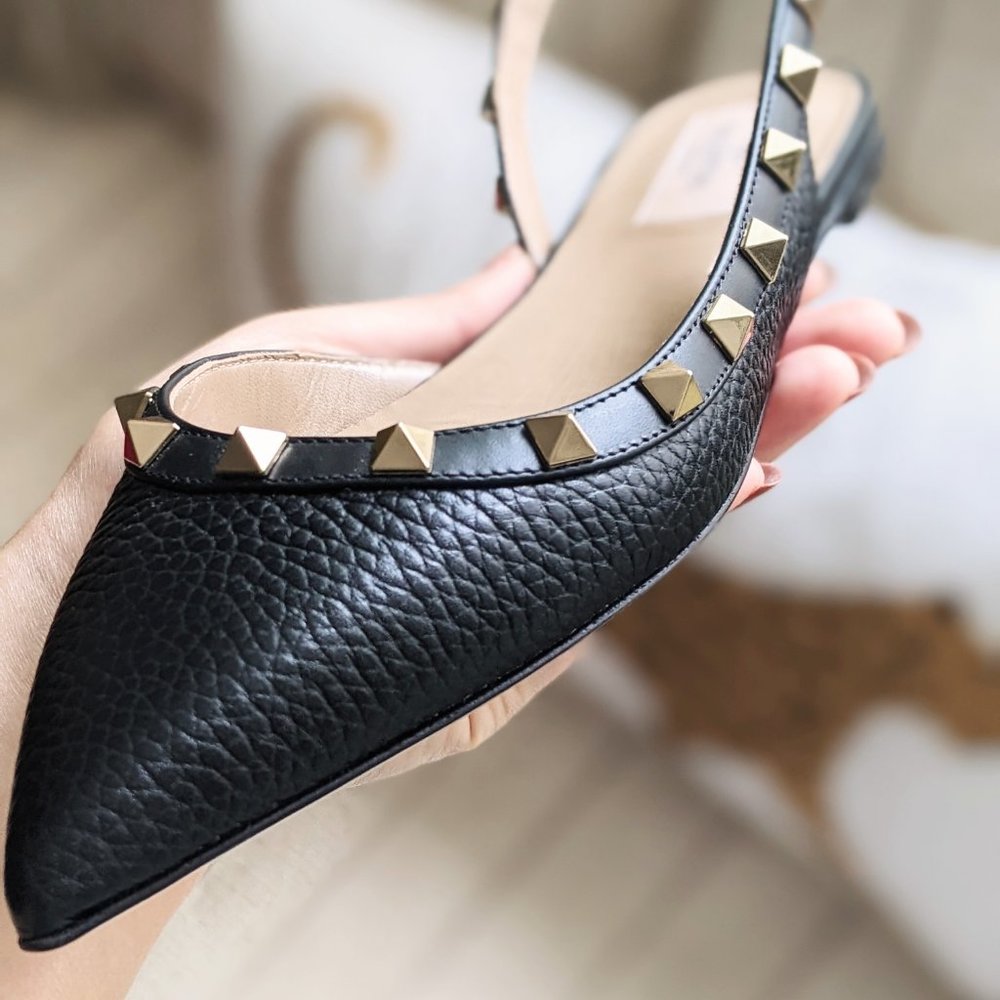 Valentino Garavani Rockstud Black Leather Slingback Ballet Flats US Size 7